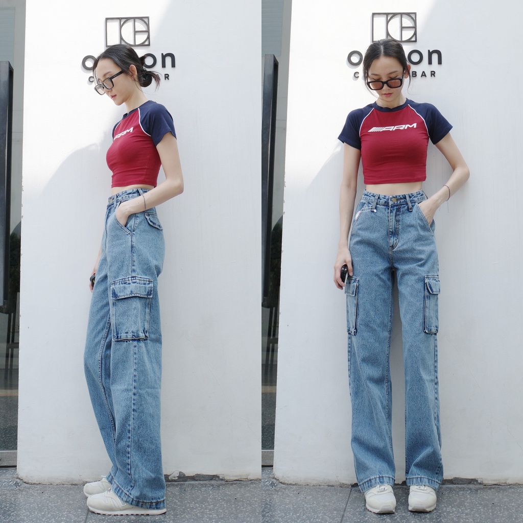 กางเกงยีนส์ทรงกระบอก Cargo Denim