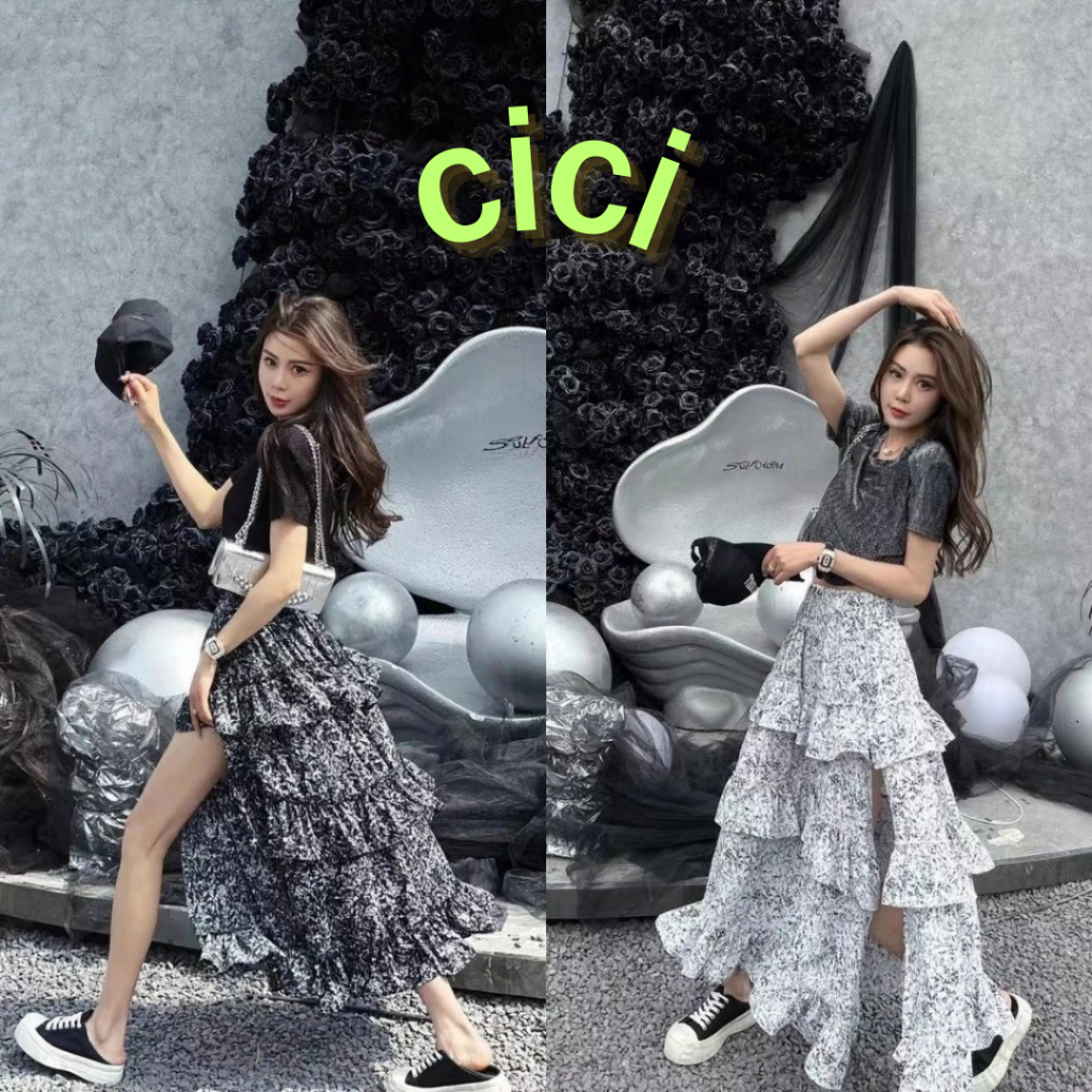 ส่งทันที Cici (NO. New3019)กระโปรงยาว เอวสม๊อกดีเทลผ่าข้างแต่ระบายทั้งตัวพิมพ์ลายดอกไม้ สไตล์ฝรั่งเศษ