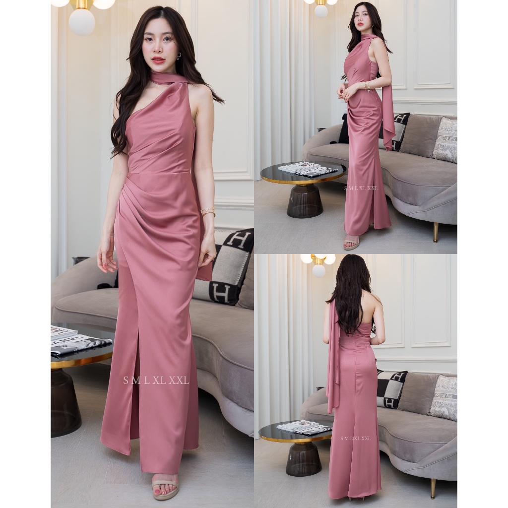 ชุดออกงาน ชุดเพื่อนเจ้าสาว ชุดราตรียาว koolykool(พร้อมส่ง S-2XL) เดรสไหล่เบี่ยงสไบเล็กพาดคอ kk065 รูปที่ 4