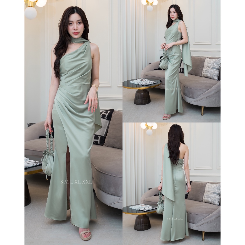 ชุดออกงาน ชุดเพื่อนเจ้าสาว ชุดราตรียาว koolykool(พร้อมส่ง S-2XL) เดรสไหล่เบี่ยงสไบเล็กพาดคอ kk065 รูปที่ 5