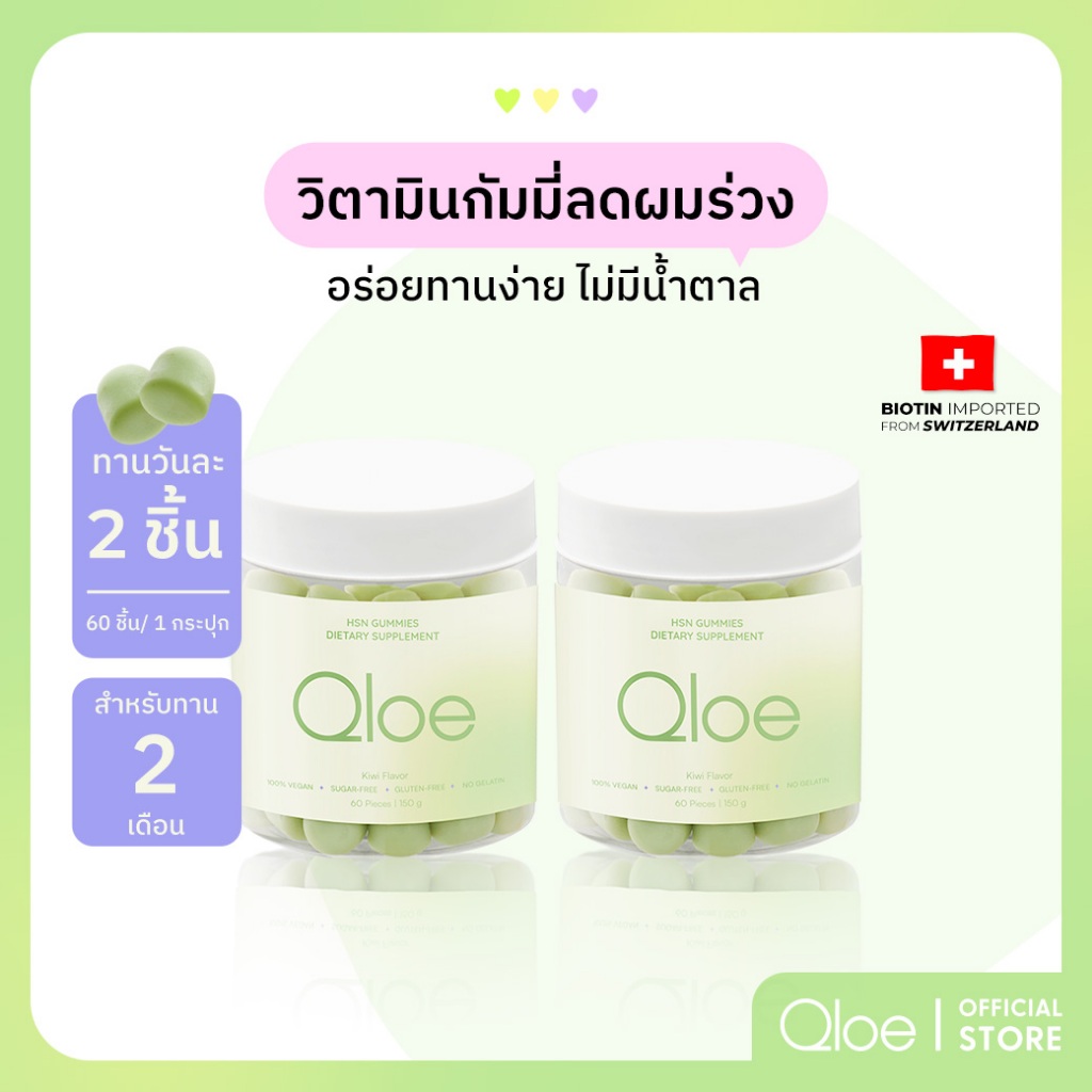 2X (ทานได้ 2 เดือน : ระยะเวลาขั้นต่ำที่แนะนำ) Qloe HSN Gummy กัมมี่บำรุงผม 2 กระปุก