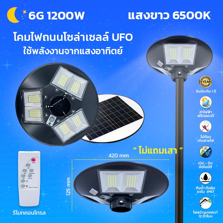 ไฟโซล่าเซลล์ UFOไฟถนน Solar Light ไฟถนนยูเอฟโอ 1200W ไฟถนนLED โซล่าเซลล์ ไฟแสงอาทิตย์ แสงสีขาว โคมไฟถนน HighLight