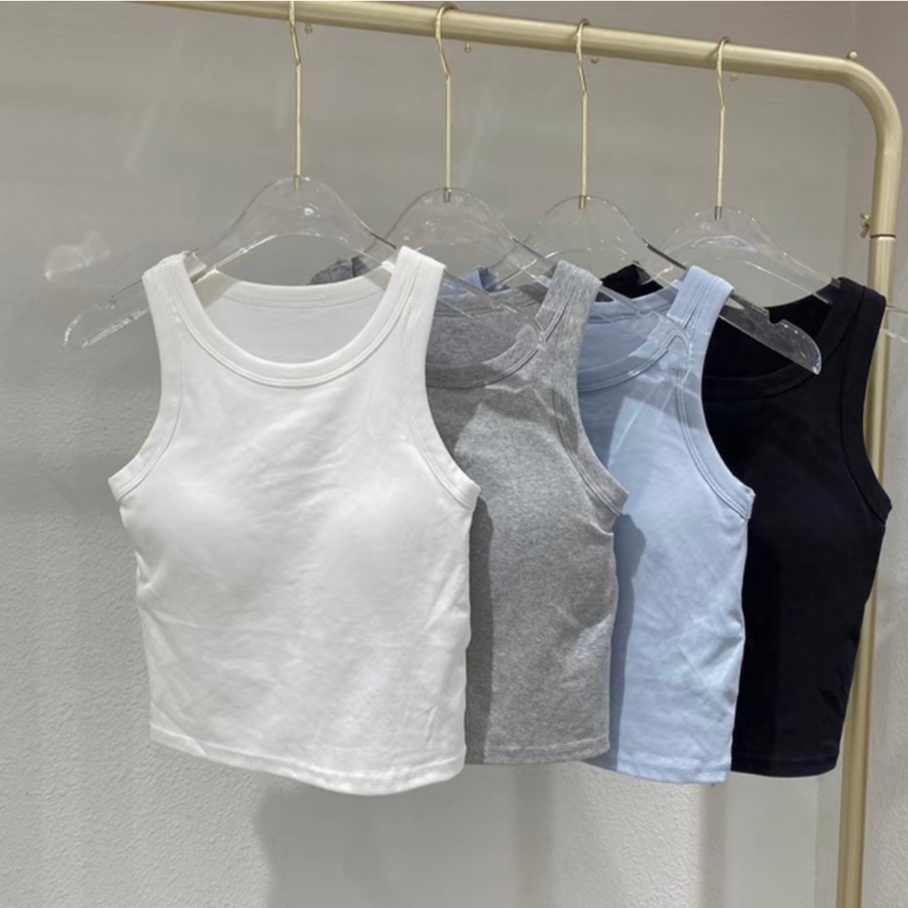 เสื้อกล้ามสีพื้น มีบราในตัว ผ้ายืดนิ่มใส่สบาย
