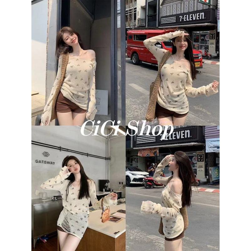 Cicishop(C1851)เสื้อแขนยาวไหมพรมลายโบว์ แต่งรุ่ยตรงปลาย มีกิมมิกน่ารักมาก