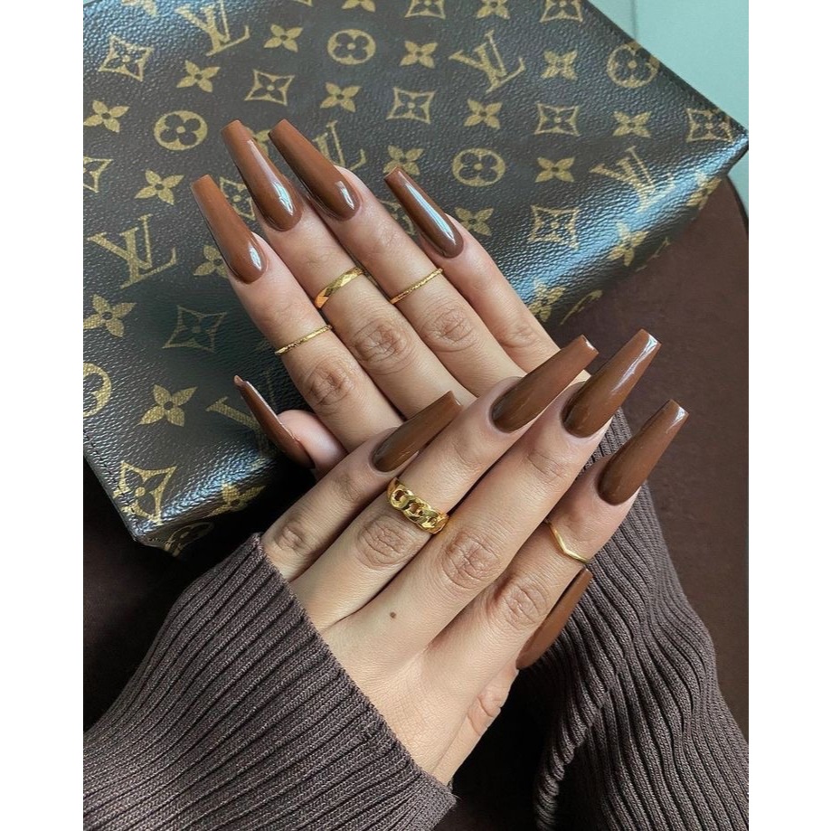 เล็บปลอมพร้อมติด สีเจลแน่นๆ งานแฮนด์เมดทุกชิ้น สีเจลแท้100% เล็บสีน้ำตาลGingerBread