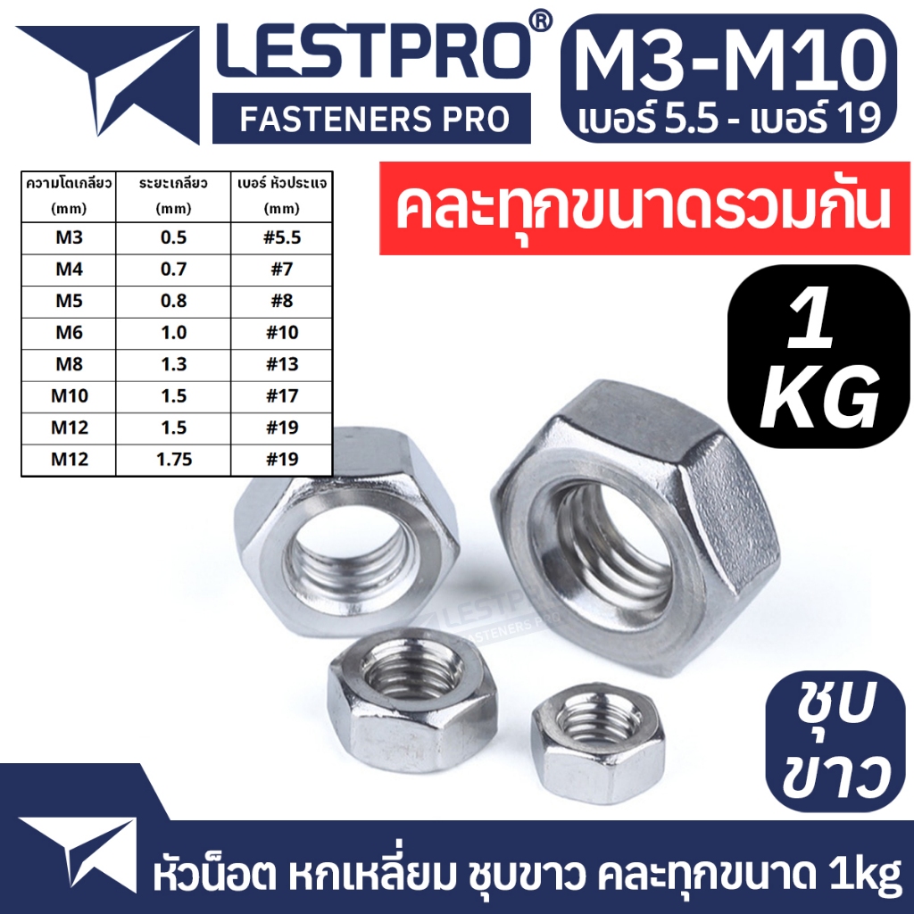 ตัวเมีย 1kg คละทุกขนาด หัวน็อต ชุบขาว หกเหลี่ยม เกลียวมิล M3 M4 M5 M6 M8 M10 ชุบซิงค์ขาว Hexagon Nut WHITE ZINC DIN934