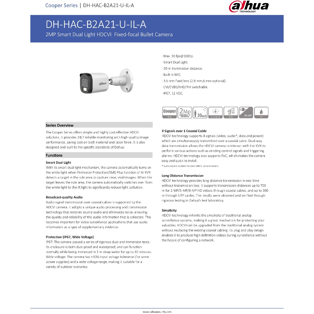 DAHUA HAC-B2A21P-U-IL-A (3.6 mm.) กล้องวงจรปิดระบบ HD 2 MP มีไมค์ในตัว Dual Light ภาพสี 24 ชม. BY BILLIONAIRE SECURETECH
