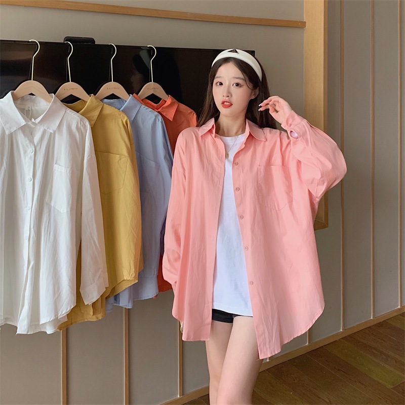 เสื้อแขนยาว เสื้อเชิ้ตโอเวอร์ไซส์ เสื้อเชิ้ตหลากสี เสื้อผ้าผู้หญิงสไตล์เกาหลีใส่กับอะไรก็ปัง กันแดด