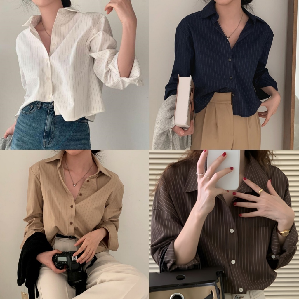 พร้อมส่ง เสื้อเชิ้ตแขนยาว คอปก ลายทางตรง สีคลุมโทน เหมาะทุกเพศทุกวัย (กระดุมขาว)