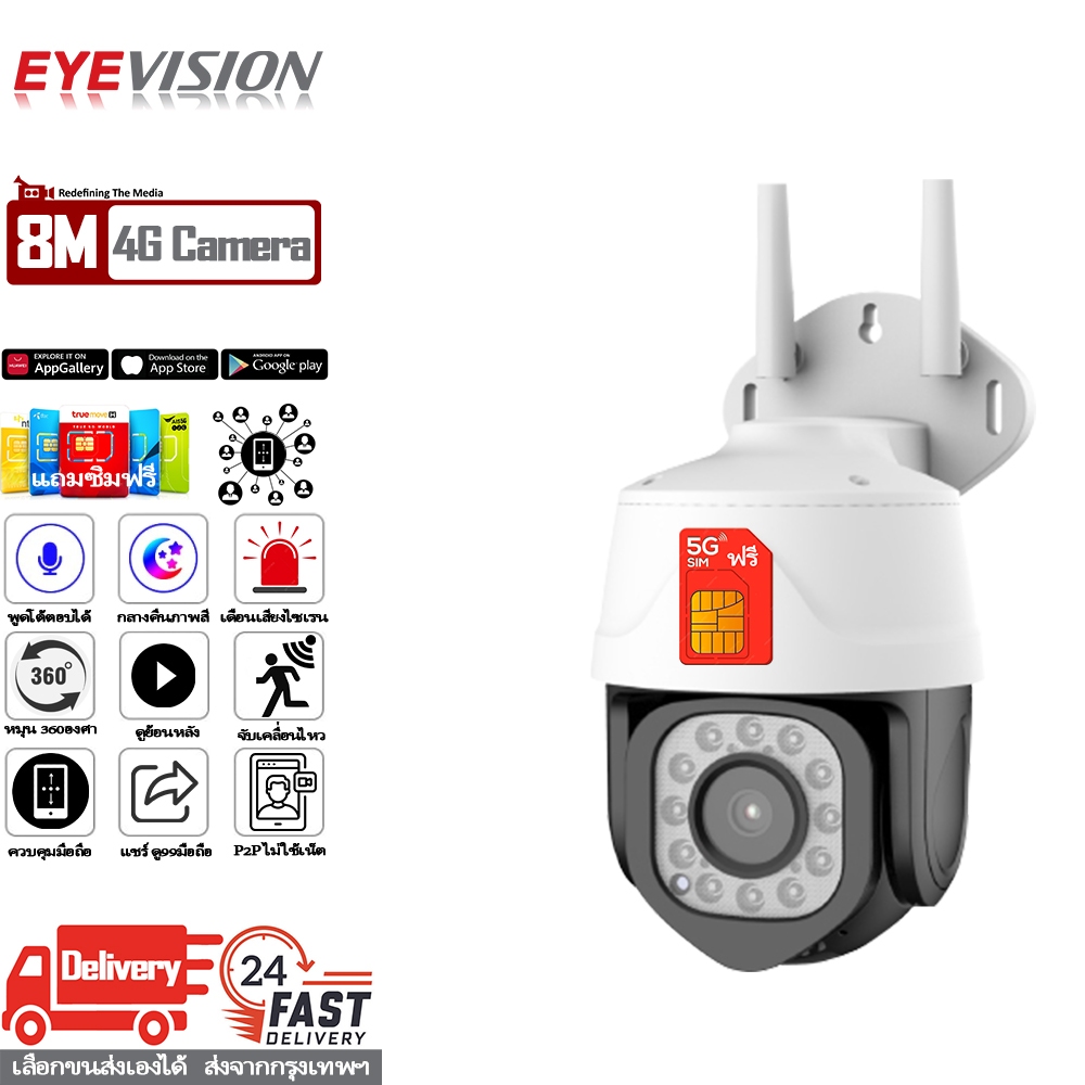 EYEVISION แถมซิมฟรี กล้องวงจรปิด sim 4g 1080p กล้องวงจรปิดใส่ซิม 4G AIS TRUE DTAC แถมอุปกรณ์ติดตั้ง