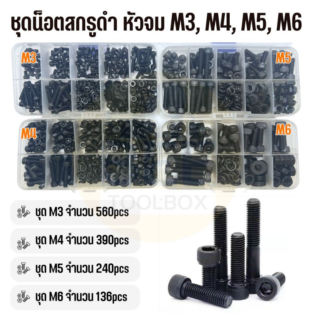 ชุดน็อตสกรู หัวจม น็อตหัวจม เหล็กดำ ขนาด M3, M4, M5, M6 เกลียวมิล หยาบ DIN912