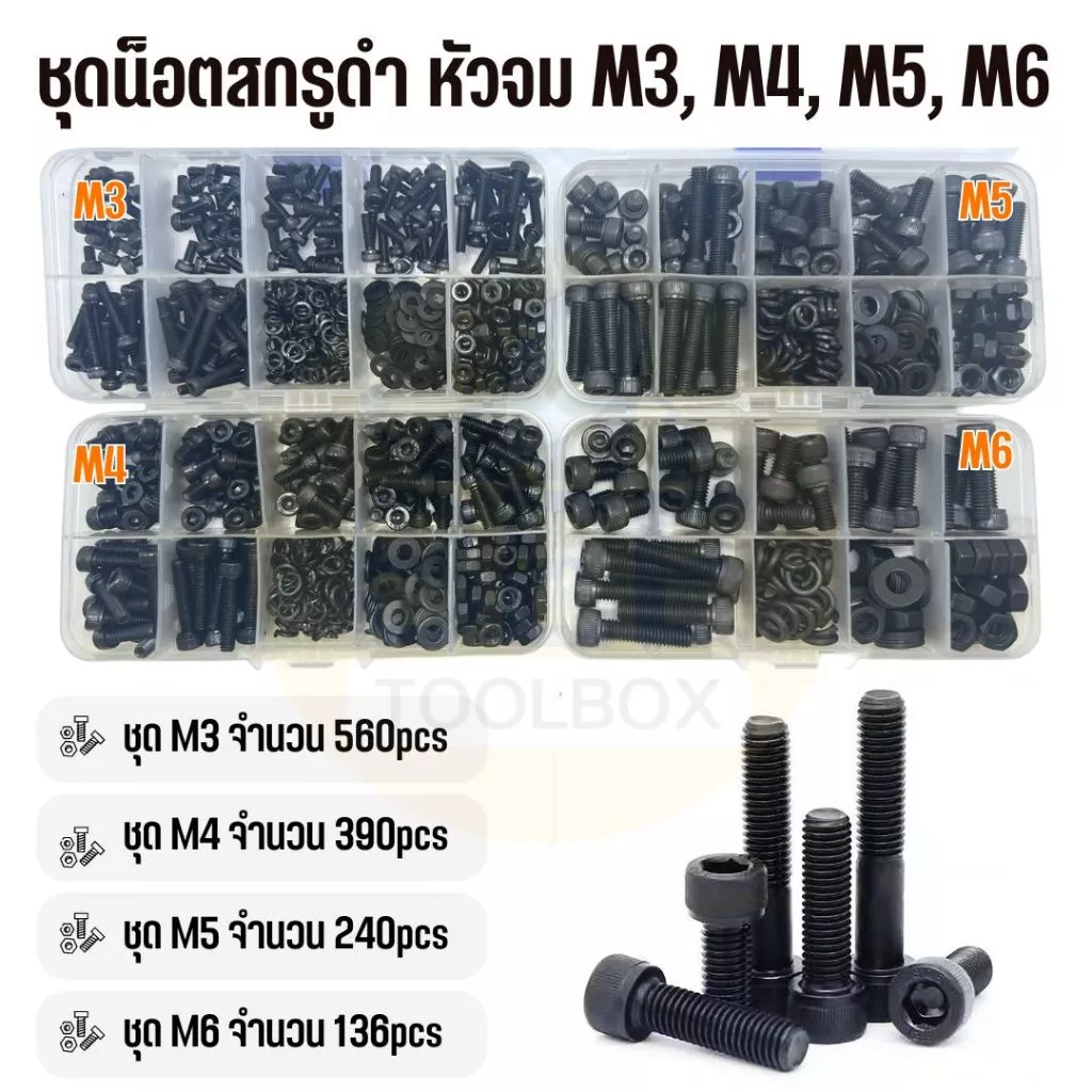 ชุดน็อตสกรู หัวจม น็อตหัวจม เหล็กดำ ขนาด M3, M4, M5, M6 เกลียวมิล หยาบ DIN912