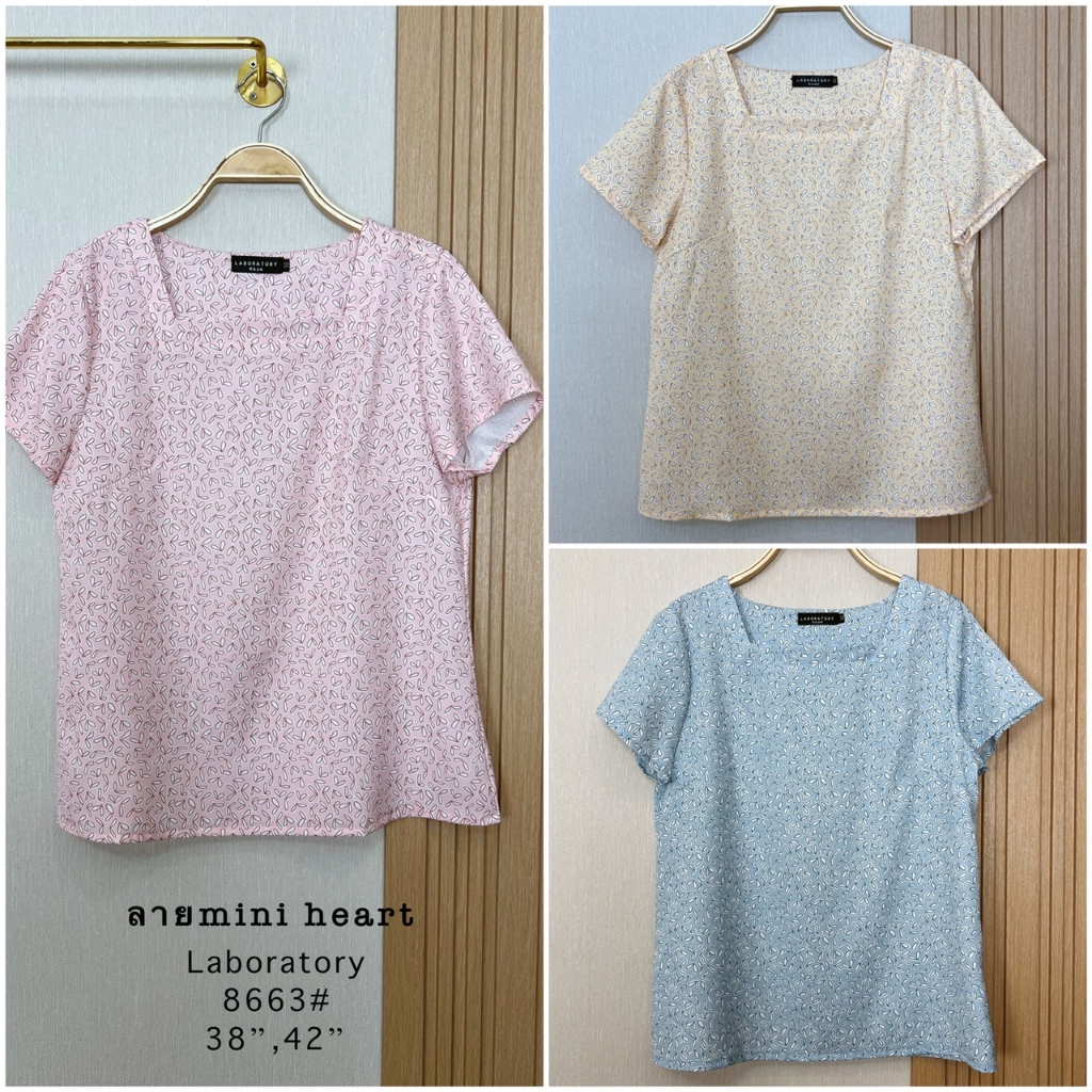 *Laboratory* เสื้อ 8663 เสื้อทำงาน เกาหลี พิมพ์ลายminiheart ทรงเสื้อคอเหลี่ยม มีไซส์ 38”,42”