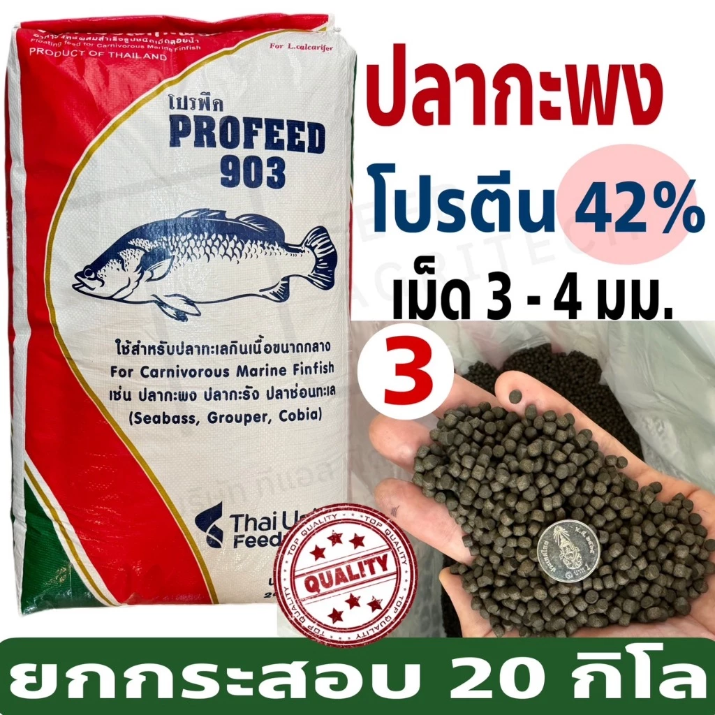 ProFeed อาหารปลากระพง ปลากินเนื้อ โปรฟีด โปรตีน 42% อาหารปลาทะเล 903 กระสอบ 20 กก.