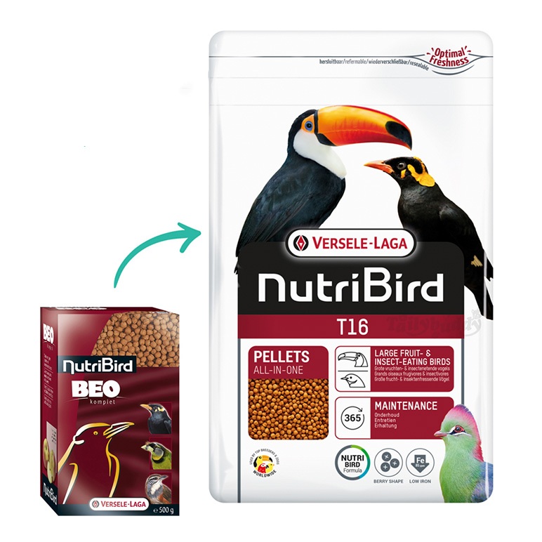 อาหารนก Versele-Laga Nutribird T16 อาหารอัดเม็ดสำหรับนกตระกูลขุนทอง นกเอี้ยง กินผลไม้และแมลง 700กรัม