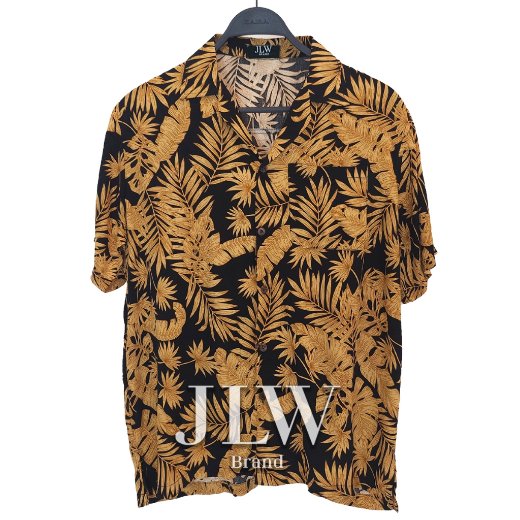 เสื้อฮาวาย ลายกรมใบทอง ผ้านิ่มใส่สบาย JLW BRAND ผ้าเรย่อน