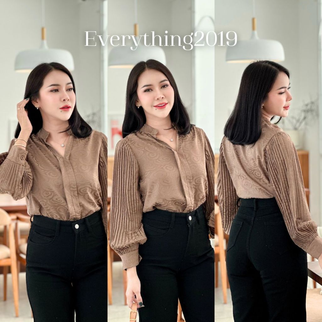 Everything2019 เสื้อทำงานผู้หญิงคอปีน แขนยาวอัดพลีท ผ้าพรีเมี่ยมใส่สบาย มีหลายไซส์ให้เลือก (6191)