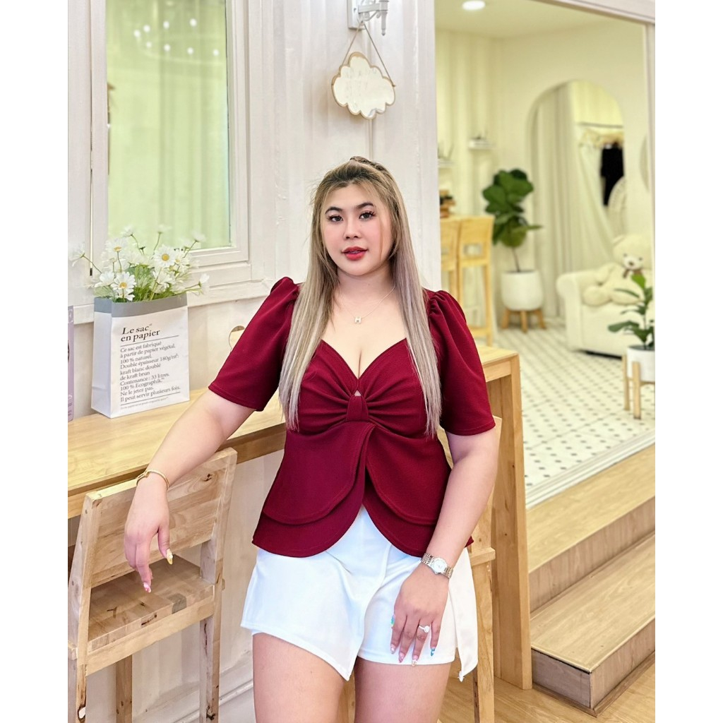 (รุ่นพี่แมว)เสื้อโบว์อก ชายระบาย  ผ้ายืดวูลเวฟ ทรงเป๊ะตามเดิม