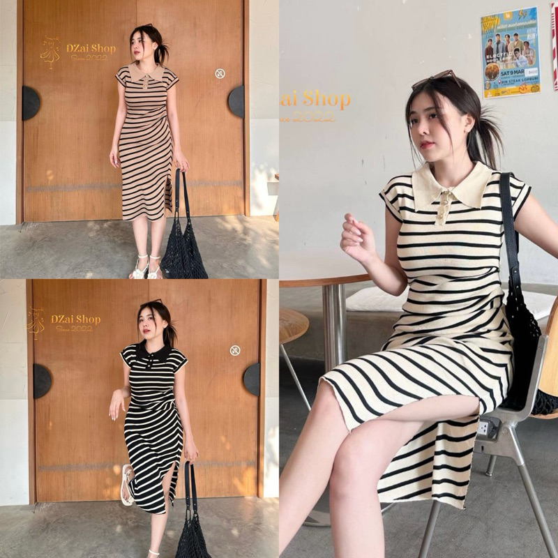 Dzaishop ชุดเดรสทรงถ่วงยาว แต่งแหวกข้างแซ่บๆ งานไหมพรมลายริ้วคาดเส้น ใส่ได้บ่อยจ้า