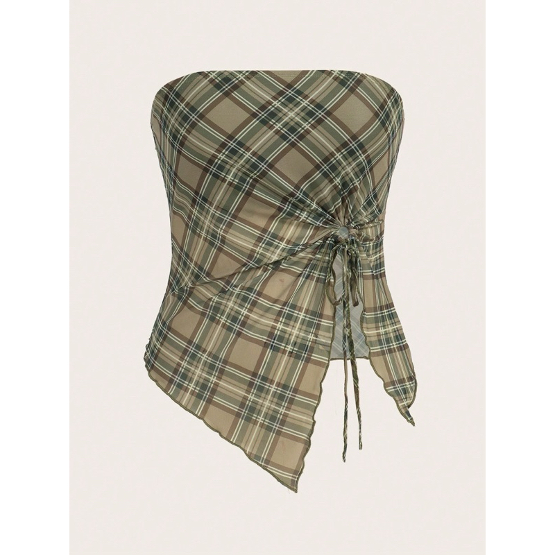 SHEIN EZwear เสื้อเกาะอกผู้หญิง ลายสก็อตผ่าข้าง ผ้าซีทรู