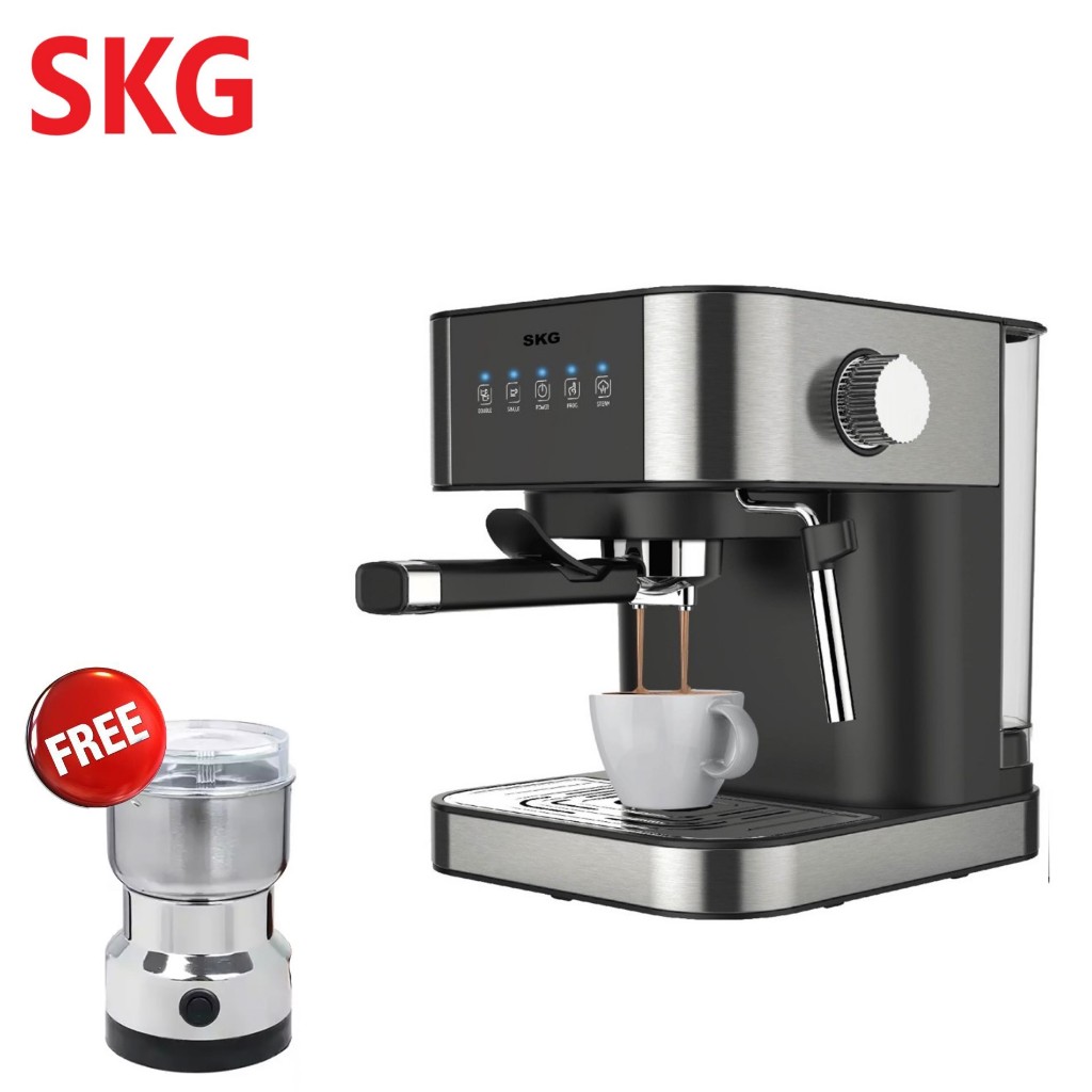 SKG เครื่องชงกาแฟสด รุ่น SK-1202 สีเงิน แถมฟรี!! เครื่องบดกาแฟ,ก้านชงกาแฟ,ถ้วยกรองกาแฟขนาด 1และ2 คัพ,ช้อนตักกาแฟ