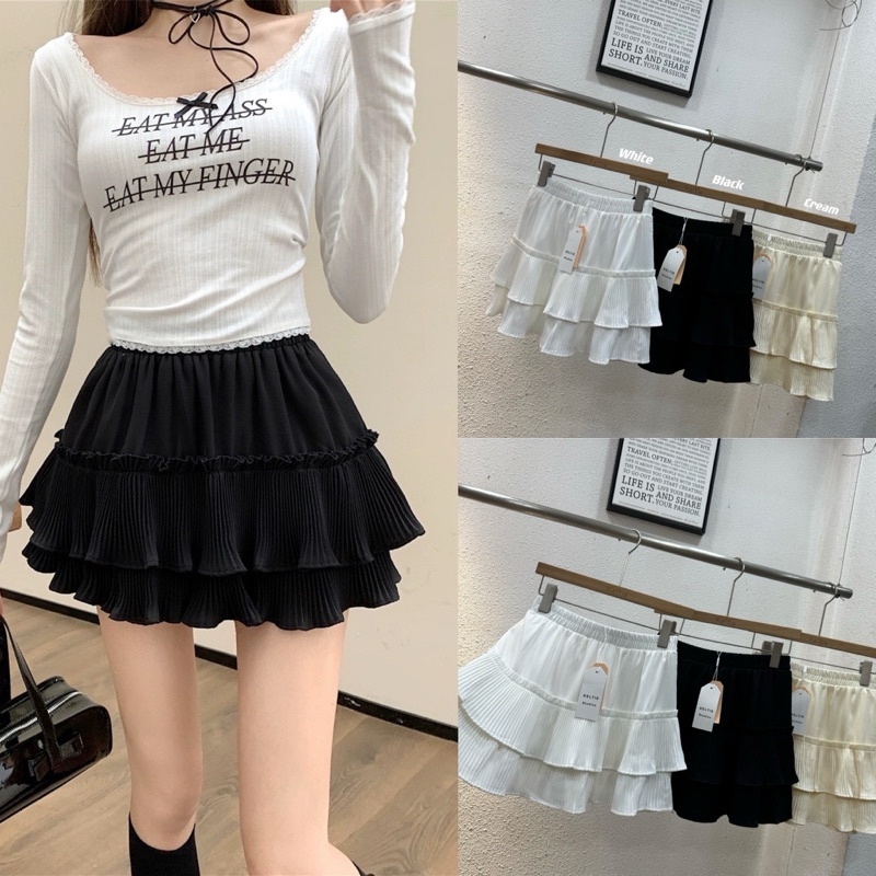 Gang_jeans#090(K) กระโปรงเวียดนาม แต่งระบายชีฟอง 2 ชั้น