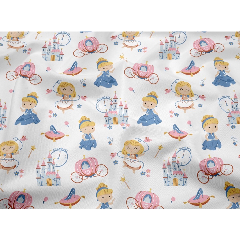 ผ้าคอตตอน 100% ทอทวิล ผ้าเมตร หน้ากว้าง 1.60 เมตร ลายเจ้าหญิงกับรองเท้าแก้ว เจ้าหญิงผมแดง