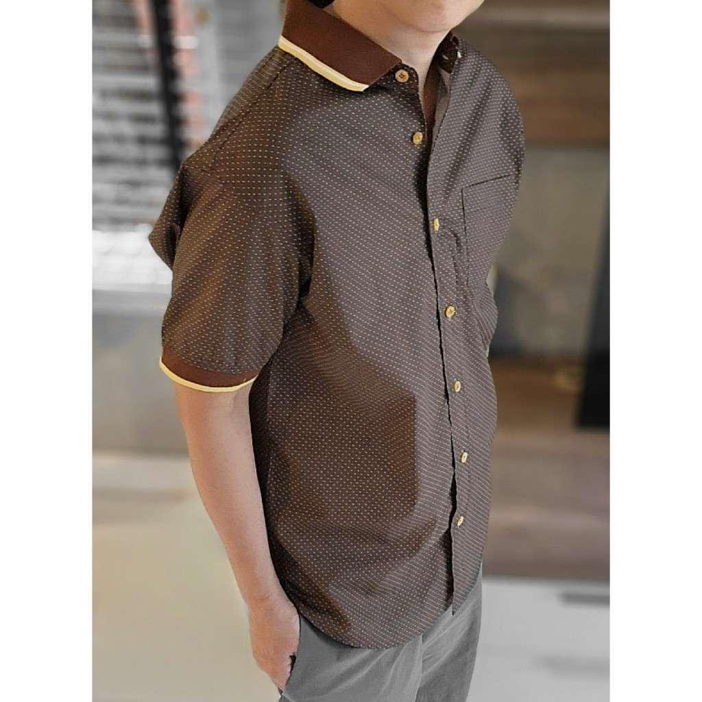 เสื้อเชิ้ตโปโล ผ้า Cotton100% ลายจุดไข่ปลา สีน้ำตาล มีถึงไซส์ 4XL