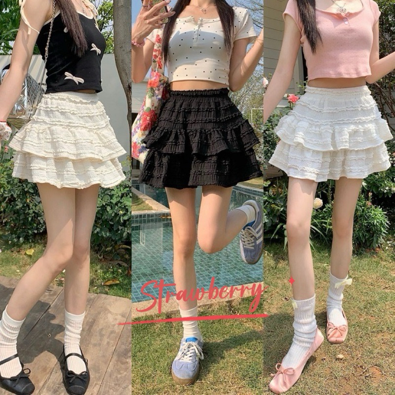 STR พร้อมส่ง🐰กระโปรงลูกไม้ระบาย2ชั้น กระโปรงบัลเล่ต์ แต่งระบาย  มีซับในกางเกง สไตล์เวียดนาม เอวสูงเข้ารูป สาวหวานน่ารัก