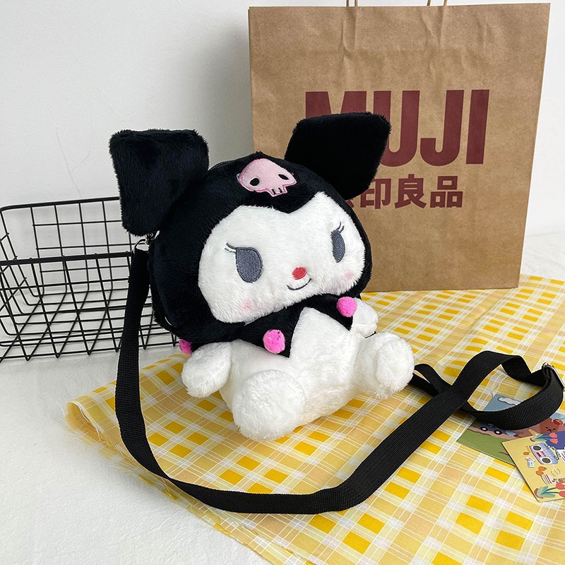 FUFU SHOP ระเป๋าเป้สะพายข้างสีดำสีม่วงตุ๊กตาคุโรมิ กระเป๋าสะพายไหล่ Kuromi My Melody Plush Bag Cute Cartoon Shoulder Bag