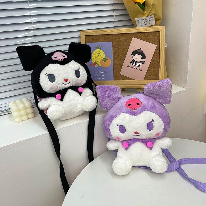 FUFU SHOP ระเป๋าเป้สะพายข้างสีดำสีม่วงตุ๊กตาคุโรมิ กระเป๋าสะพายไหล่ Kuromi My Melody Plush Bag Cute Cartoon Shoulder Bag