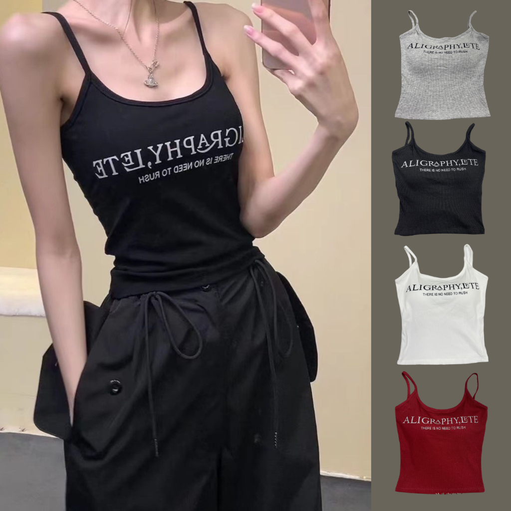 เสื้อยืดสายเดี่ยว มีฟองน้ำเย็บติดในตัว B-084 สกรีนตัวอักษรภาษาอังกฤษ ผ้ายืด เนื้อผ้าสบายสวมใส่ได้ทุกกิจกรรม
