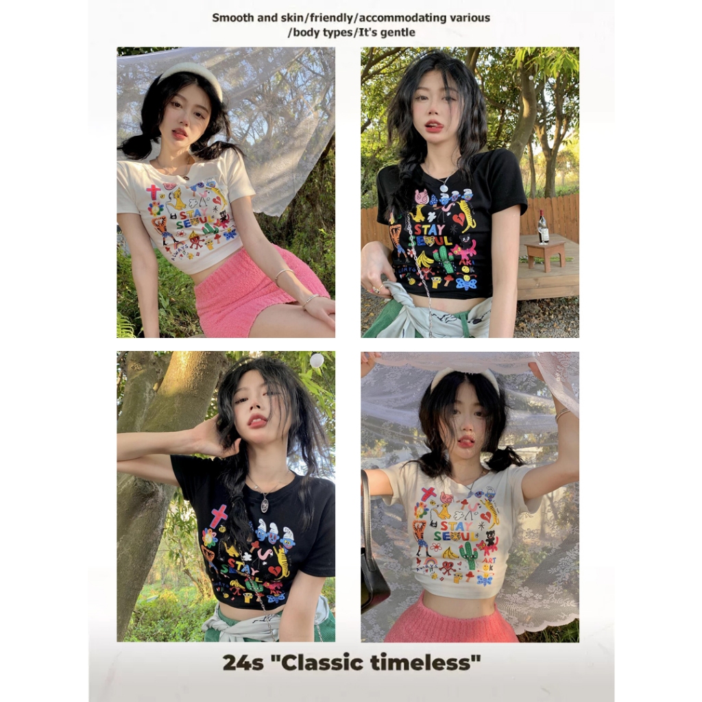 YISEN666 เสื้อครอปท็อป y2k แฟชั่นผู้หญิง พิมพ์ลาย เตรียมส่งสินค้า แขนสั้นสีขาว