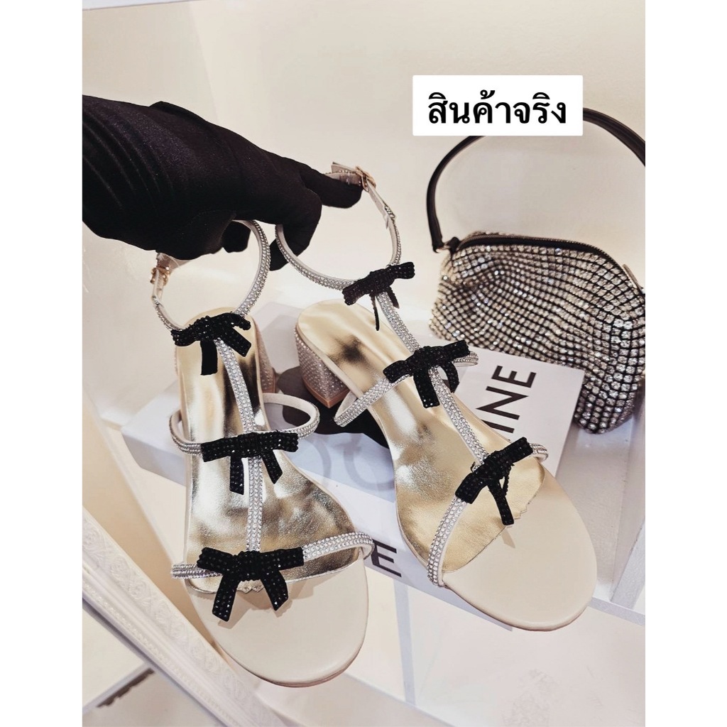 size 34-39 ❌พร้อมส่ง ส่งไว❌รองเท้ารัดส้นเพชร ดีเทลโบว์ดำ เพชรวิ้งค์ สูง 1.5 นิ้ว งานตามหา