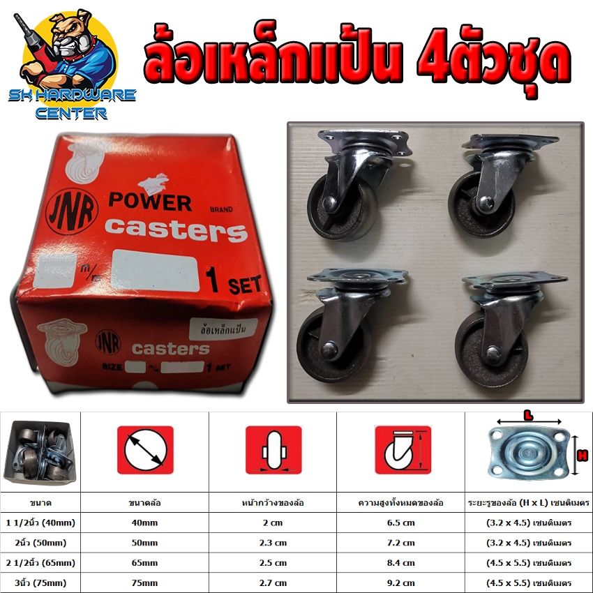 ล้อเหล็กแป้น ล้อเฟอร์นิเจอร์ มีขนาดให้เลือกตั้งแต่ 1.5นิ้ว(นิ้วครึ่ง) - 3นิ้ว ยี่ห้อ JNR (ขายยกกล่อง 4ตัวชุด)