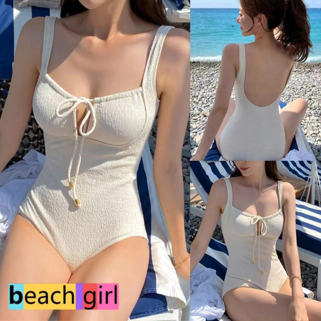 👙beachgirl👙 ชุดว่ายน้ำวันพีช White Bikini เอวสูง โชว์หลัง ผ้าเนื้อดี #0310