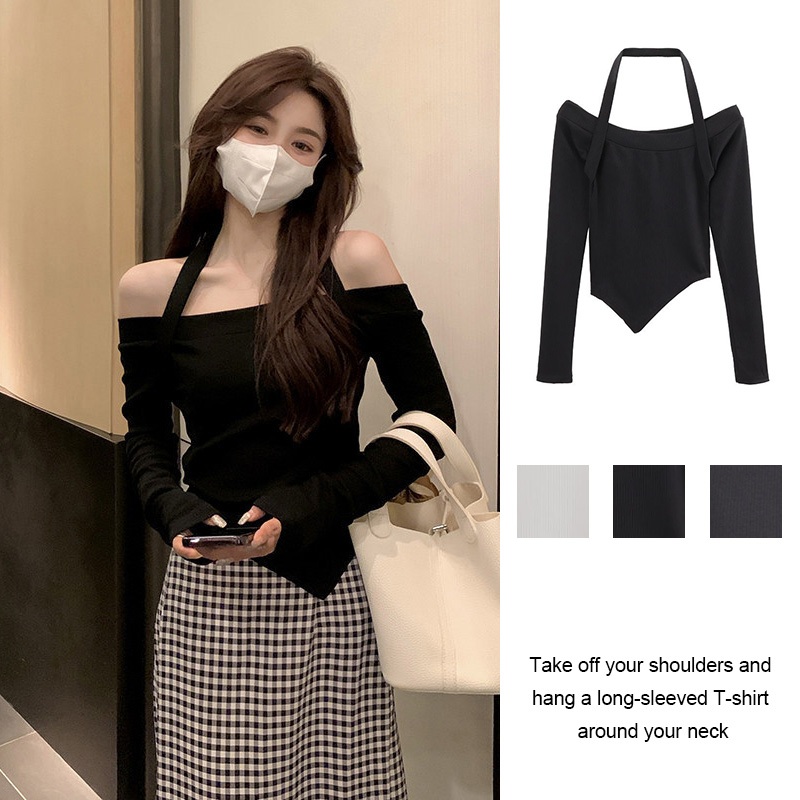 เสื้อยืดแขนยาวคอแขวนคอสำหรับผู้หญิงสั้น ๆ