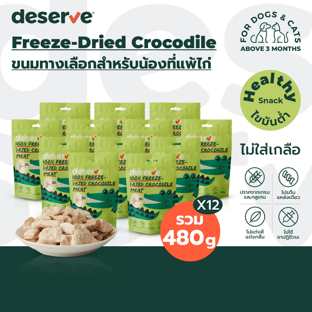 [แพ็ค 12 ถุง] DESERVE เนื้อจระเข้ฟรีซดรายแท้ 100% สำหรับสุนัขและแมว แพ้ไก่ทานได้ ไม่เค็มไขมันต่ำ