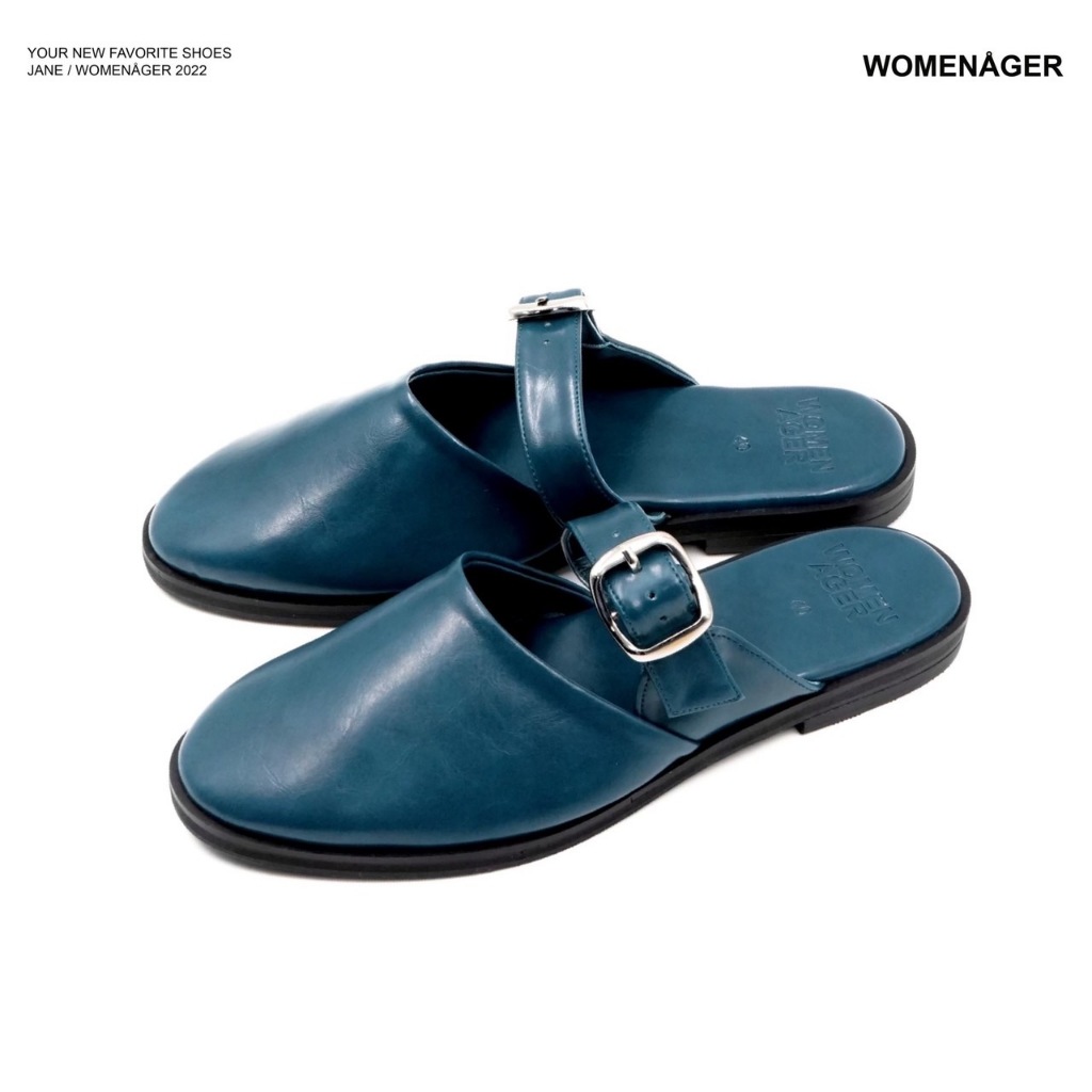 womenager - Jane Classic Blue leather รองเท้าแตะคัทชูเปิดส้น สวมใส่ง่าย