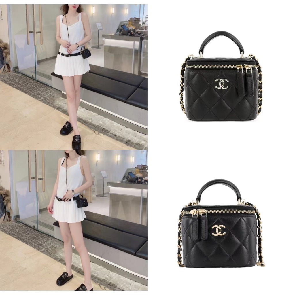 Chanel/handle/zipper/box bag/handheld mini bag/sheepskin/crossbody bag/100% authentic