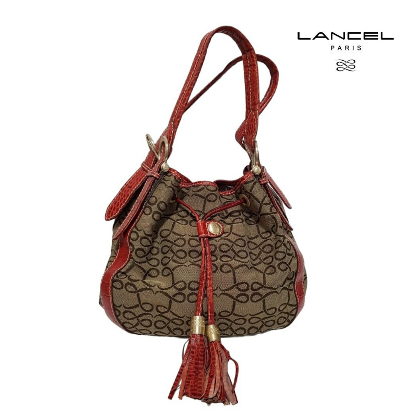 👜 กระเป๋า Lancel Paris double strap  monogram logo bucket bag shoulder strap สินค้ามือสองแบรนด์แท้