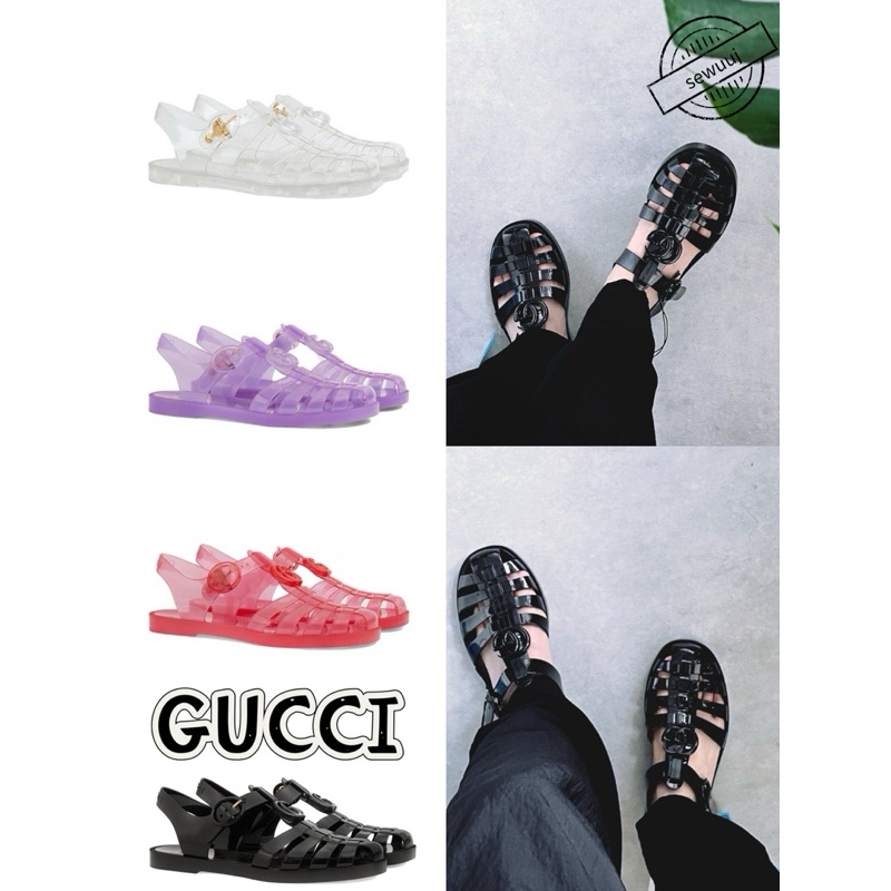 ของแท้ GUCCI ยางคู่ G หัวเข็มขัดกลวงรองเท้าแตะโรมันสบายสำหรับผู้หญิง
