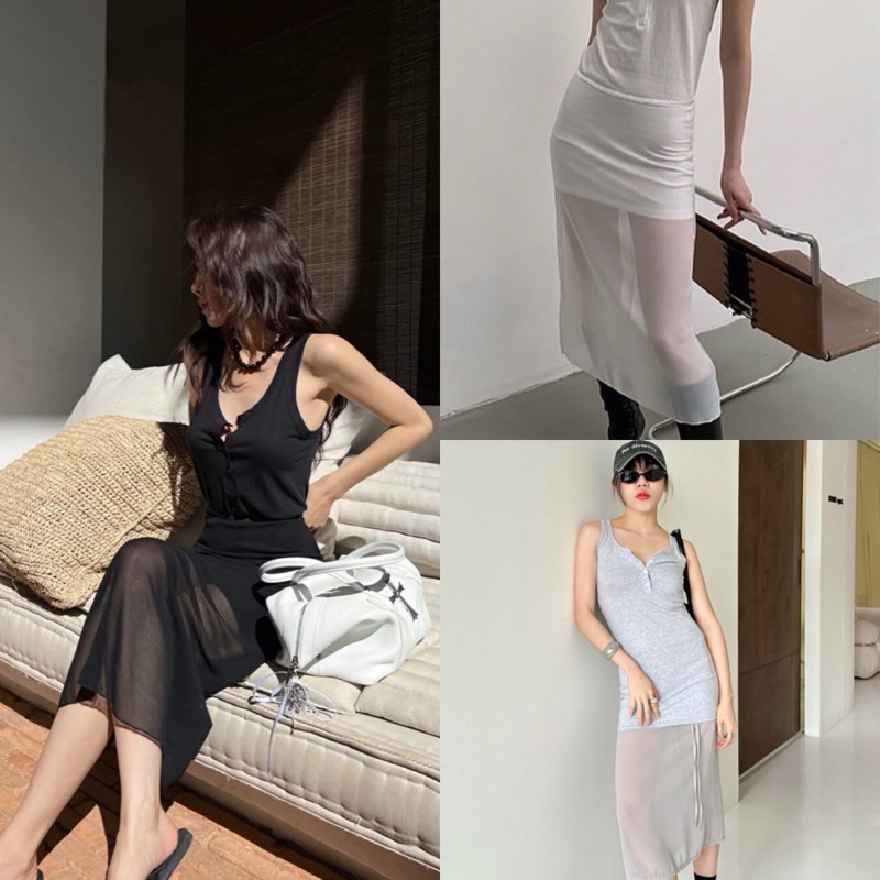 NEW IN เดรสผ้าริบ มาคู่กับกระโปรงซีทรูที่จะใส่ทับเดรส หรือ ใส่ไว้ข้างในก็ดีทุกลุค อย่าพลาดรุ่นนี้เลยค่า
