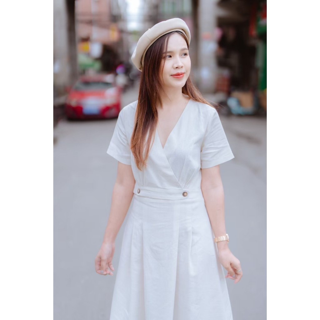 ✨🪭เดรสมีอา ผ้าลินินผสมฝ่าย แต่งกระดุมช่วงเอว #253✨🪭