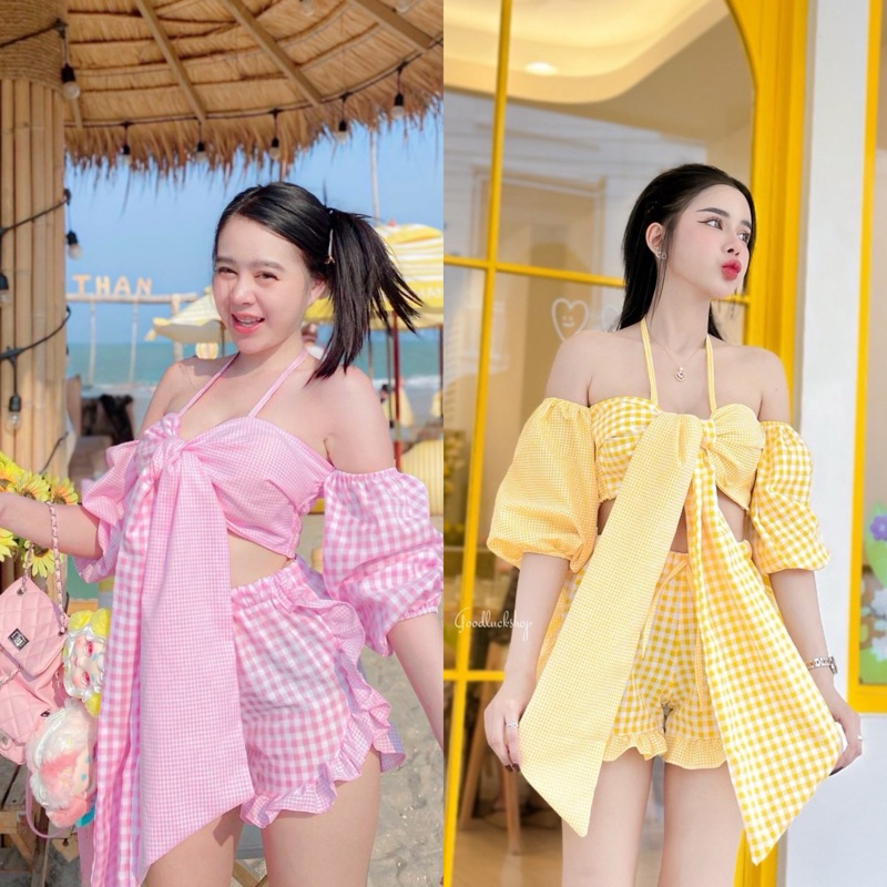 Teera พร้อมส่ง Set2ชิ้น เสื้อสายเดี่ยว+กางเกง ผ้าลายสก็อตเย็บสลับตาใหญ่ตาจิ้ว ลุคดูแสนซนต้องชุดนี้เลย goodluck