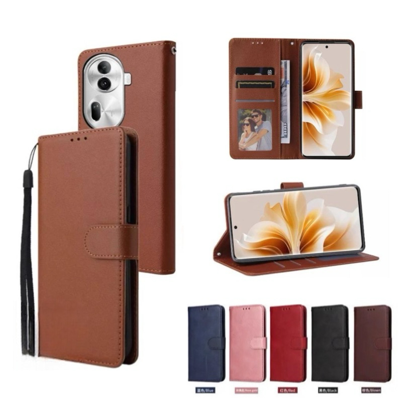 เคสหนังฝาพับ Oppo Reno 11/11 pro/11F เคสหนังหรูเรียบ พร้อมสายห้อย