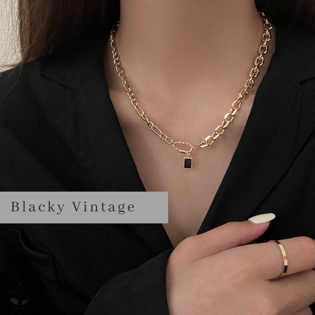 MNL Blacky Vintage สีทอง สายฝอ สร้อยคอแบบโซ่ พร้อมจี้ดำ เครื่องประดับผู้หญิง แฟชั่นเงินแท้925 ไม่ลอกดำ