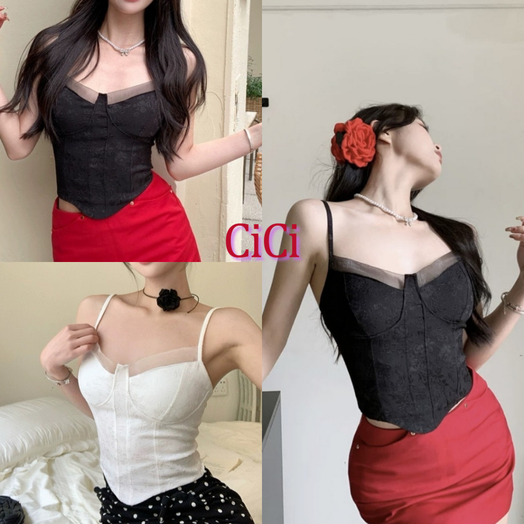 Cici (NO.1866)เสื้อสายเดี่ยวบราลายดอกไม้ สม๊อคหลัง แต่งชีฟองลุคคุณหนูขี้เล่น สายปรับได้มีฟองน้ำในตัว