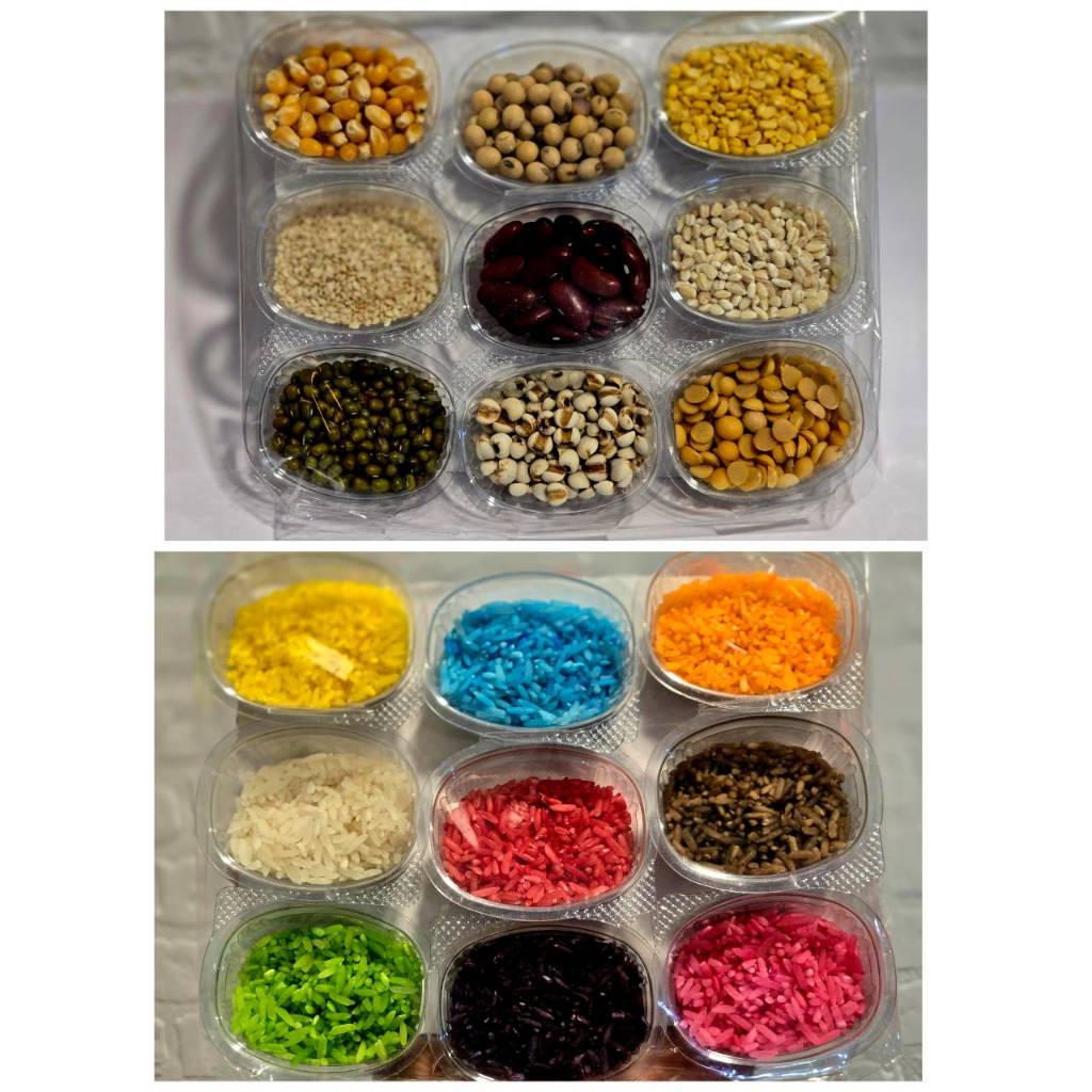 ข้าวสาร 9 สี / ธัญพืช 9 ชนิด ของมงคล ถวายพระพิฆเนศ แพ็คใส่ถ้วยแยกอย่างดี ขนาดแพ็ค 18x15 ซม.