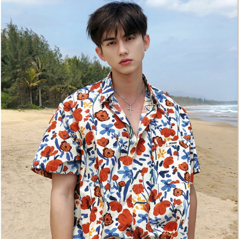เสื้อเชิ้ตผู้ชายลายดอกไม้ เสื้อฮาวายแขนสั้นสไตส์เกาหลี เท่ๆคลูๆทรงหลวม พร้อมส่ง